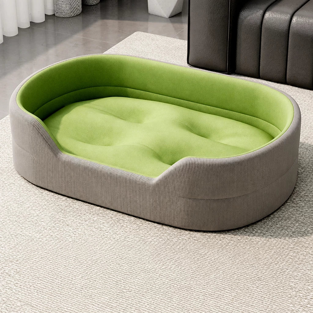 Gray corduroy pet bed with tufted grass-green cushion option, M option