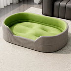 Gray corduroy pet bed with tufted grass-green cushion option, M option