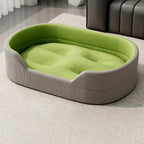 Gray corduroy pet bed with tufted grass-green cushion option, L option