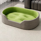 Gray corduroy pet bed with tufted grass-green cushion option, XXL option