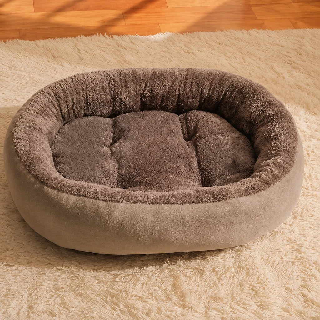 Brown fleece-lined oval bed option