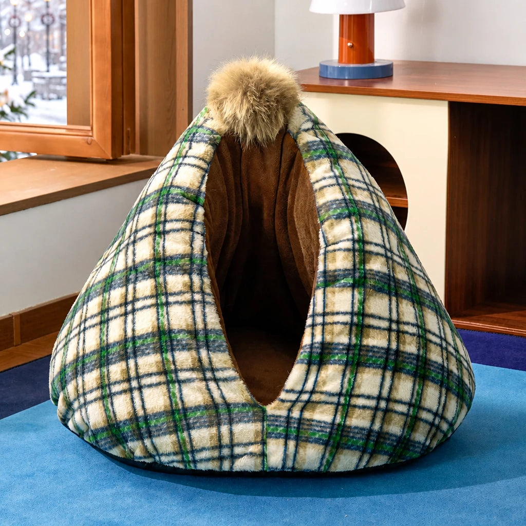 Green plaid pet cave bed S option