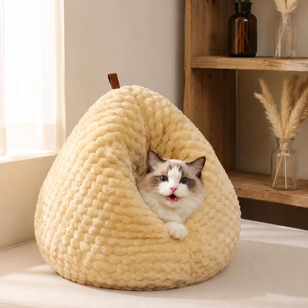 Textured Plush Cat Cave Bed — style view