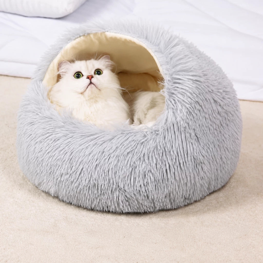 Hooded Round Plush Cat and Small Dog Bed — style view
