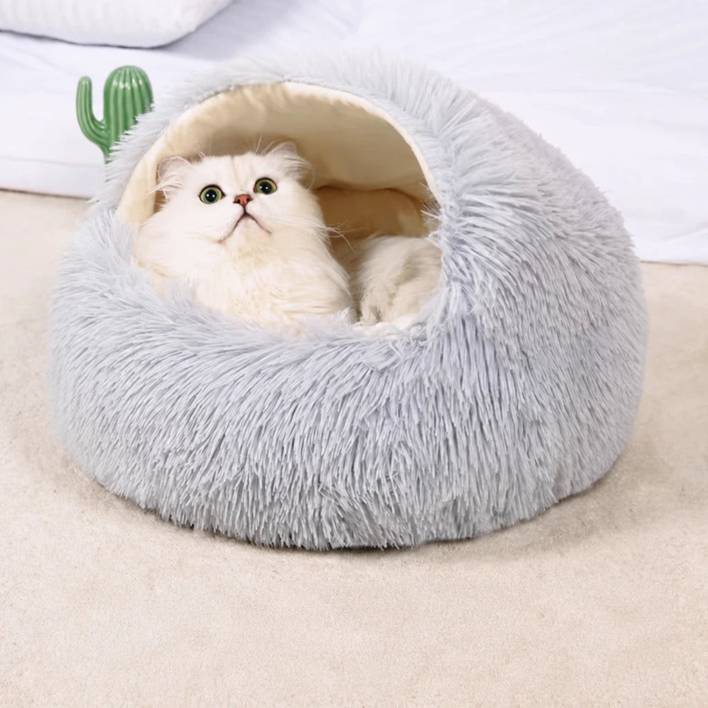 Hooded Round Plush Cat and Small Dog Bed — style view
