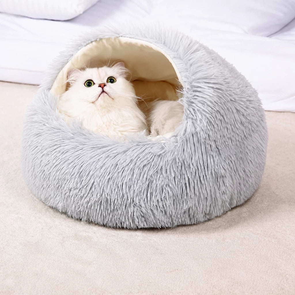 Hooded Round Plush Cat and Small Dog Bed shown in the product photo
