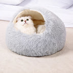 Hooded Round Plush Cat and Small Dog Bed shown in the product photo