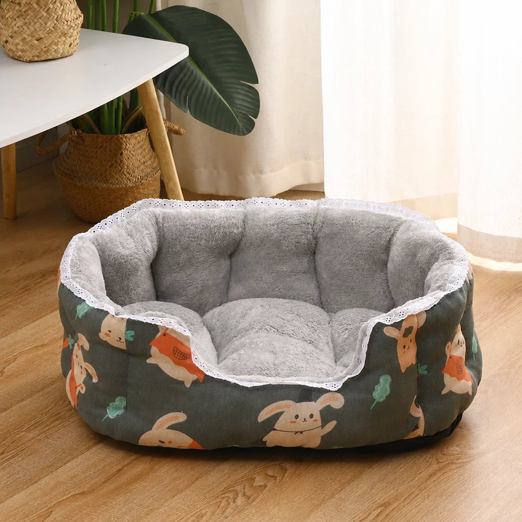 Printed Plush Bolster Pet Bed with Low Front Entry shown in the product photo