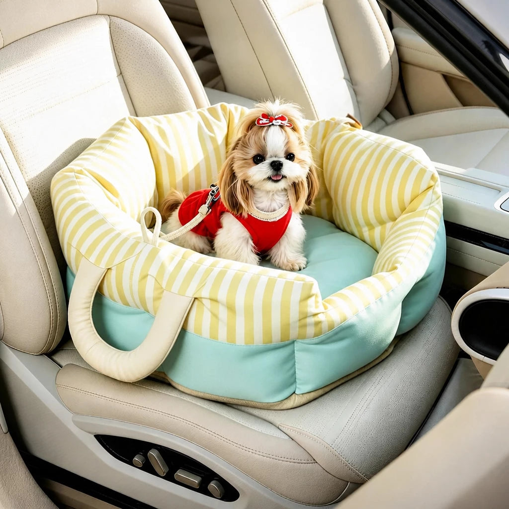 Striped Pet Car Bed with Carry Handles and Seat Straps shown in the product photo Main image