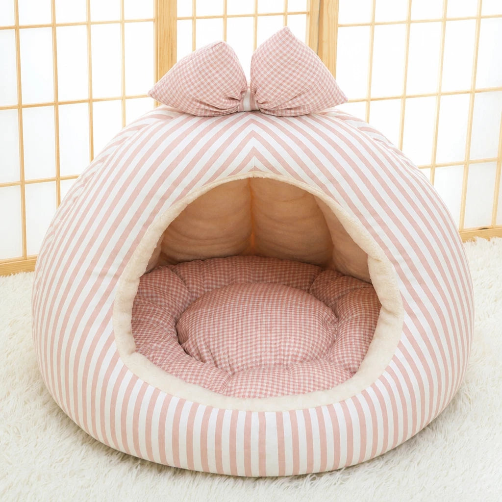 Striped Pet Cave Bed with Bow and Removable Cushion - S / Pink