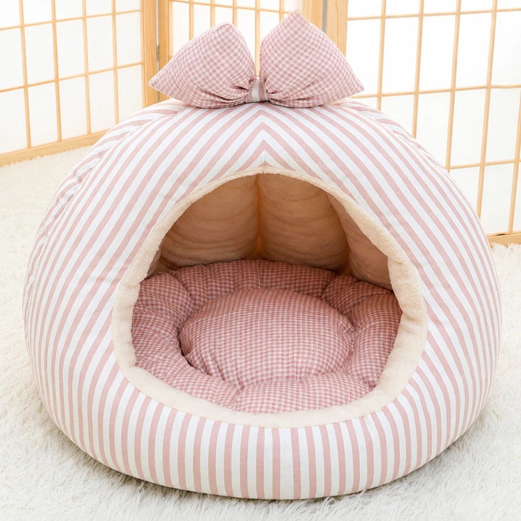 Striped Pet Cave Bed with Bow and Removable Cushion - M / Pink
