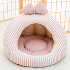 Striped Pet Cave Bed with Bow and Removable Cushion - M / Pink