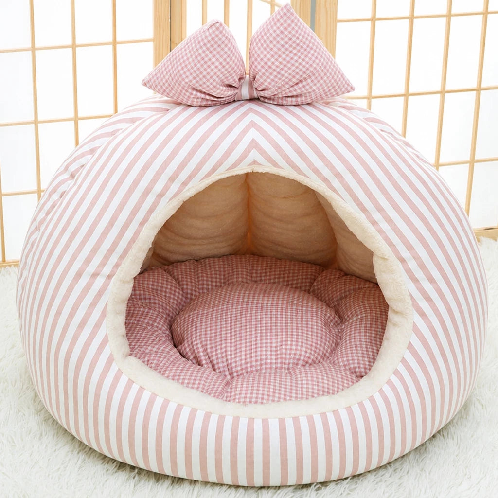 Striped Pet Cave Bed with Bow and Removable Cushion - L / Pink
