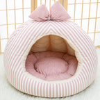 Striped Pet Cave Bed with Bow and Removable Cushion - L / Pink