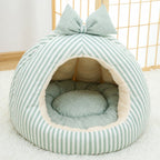 Striped Pet Cave Bed with Bow and Removable Cushion - S / Green