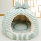 Striped Pet Cave Bed with Bow and Removable Cushion - M / Green