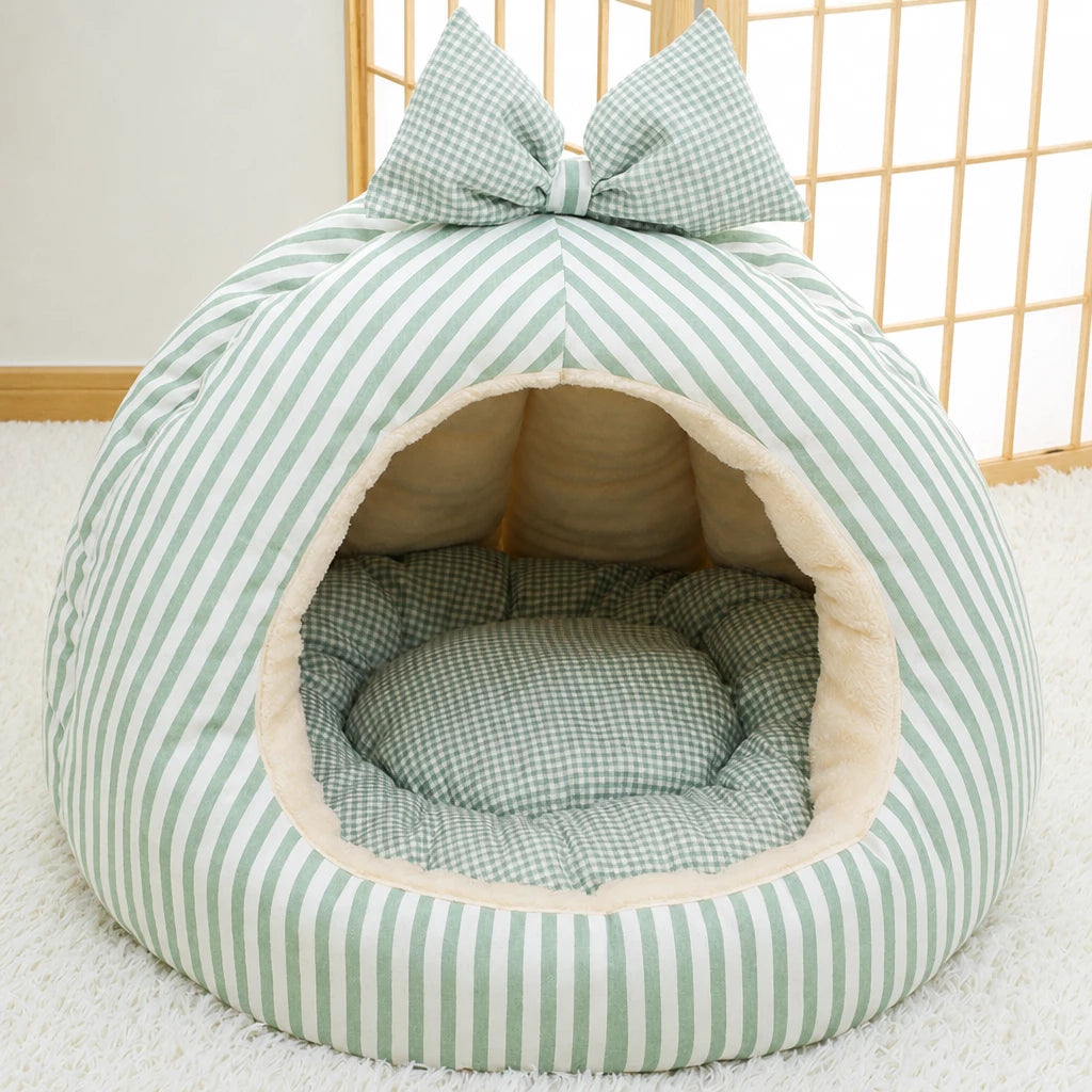 Striped Pet Cave Bed with Bow and Removable Cushion - M / Green