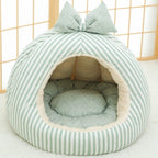 Striped Pet Cave Bed with Bow and Removable Cushion - L / Green