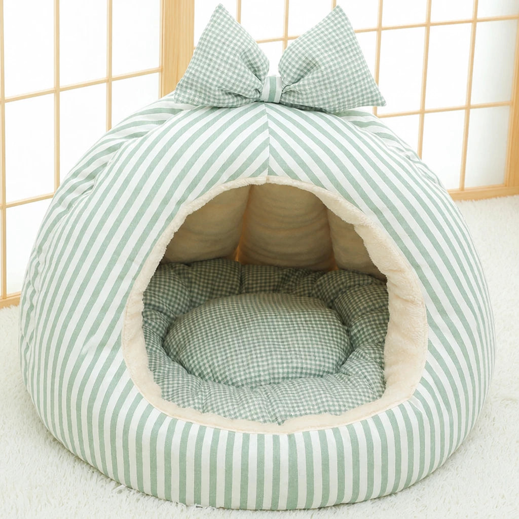 Striped Pet Cave Bed with Bow and Removable Cushion - L / Green