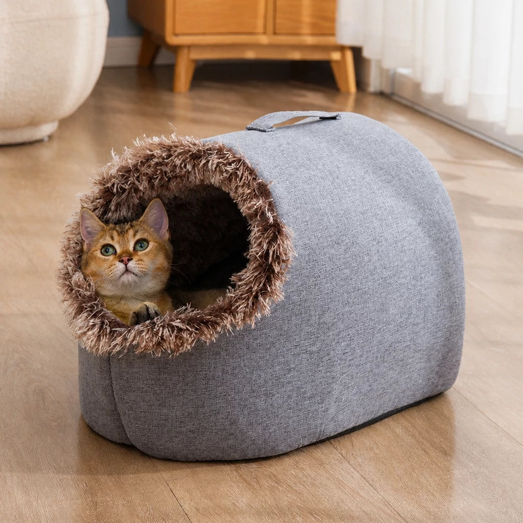 Enclosed Plush Pet Bed for Cats and Small Dogs