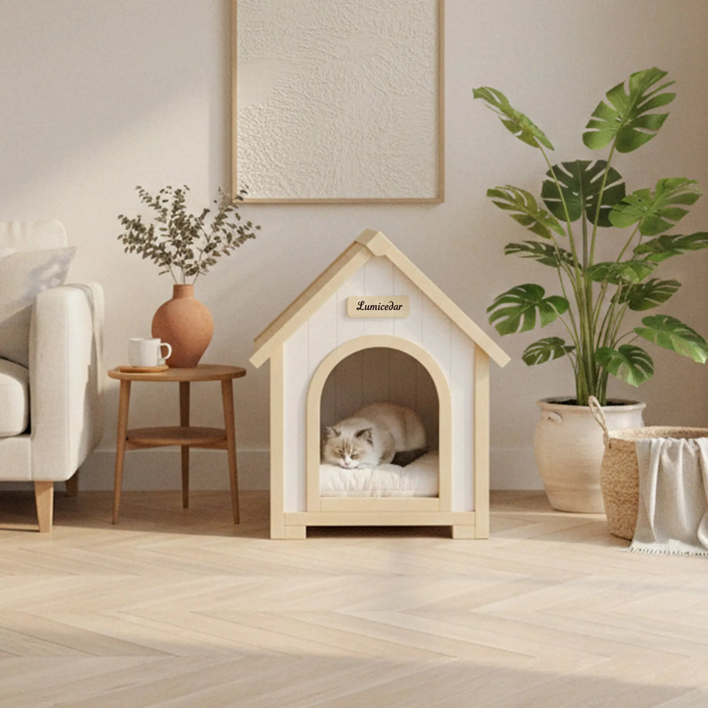 Cream and natural wood indoor pet house with a cat