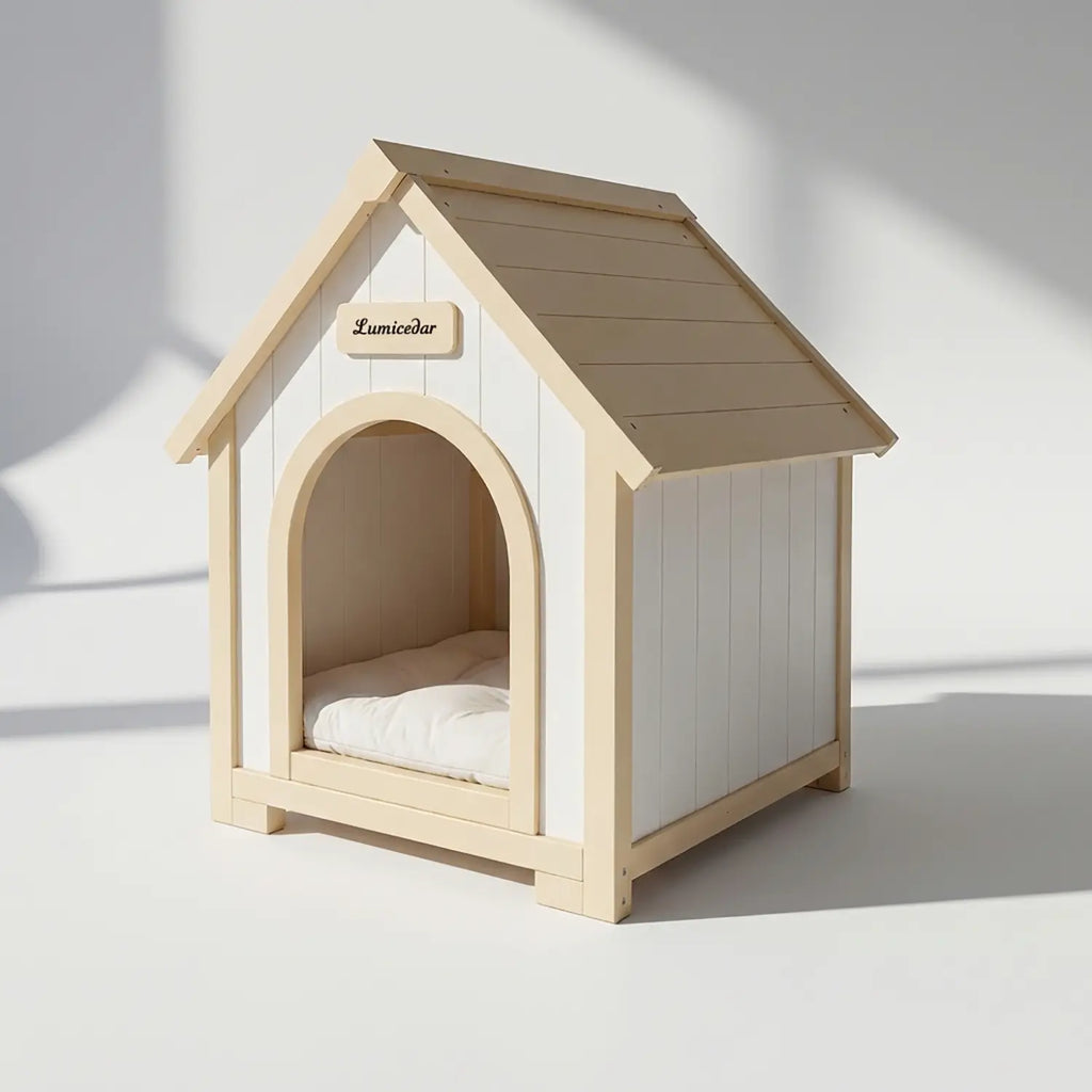 Cream and natural wood A-frame pet house