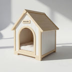 Cream and natural wood A-frame pet house