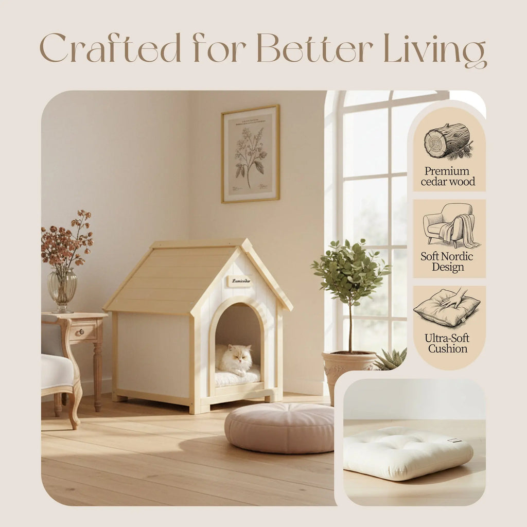 Wooden pet house with cedar structure and cushion details