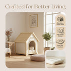 Wooden pet house with cedar structure and cushion details