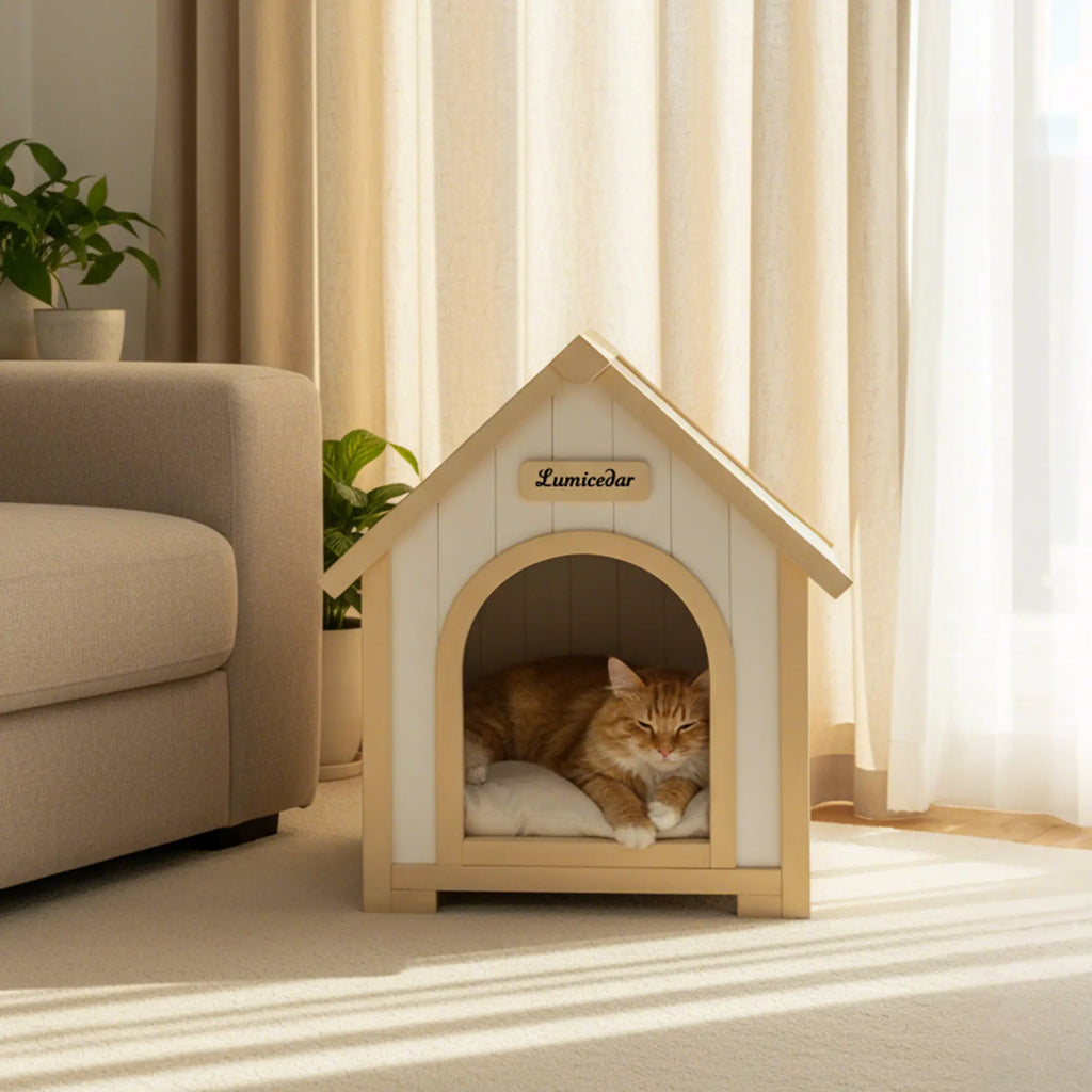 Cat resting inside a wooden indoor pet house by a sofa