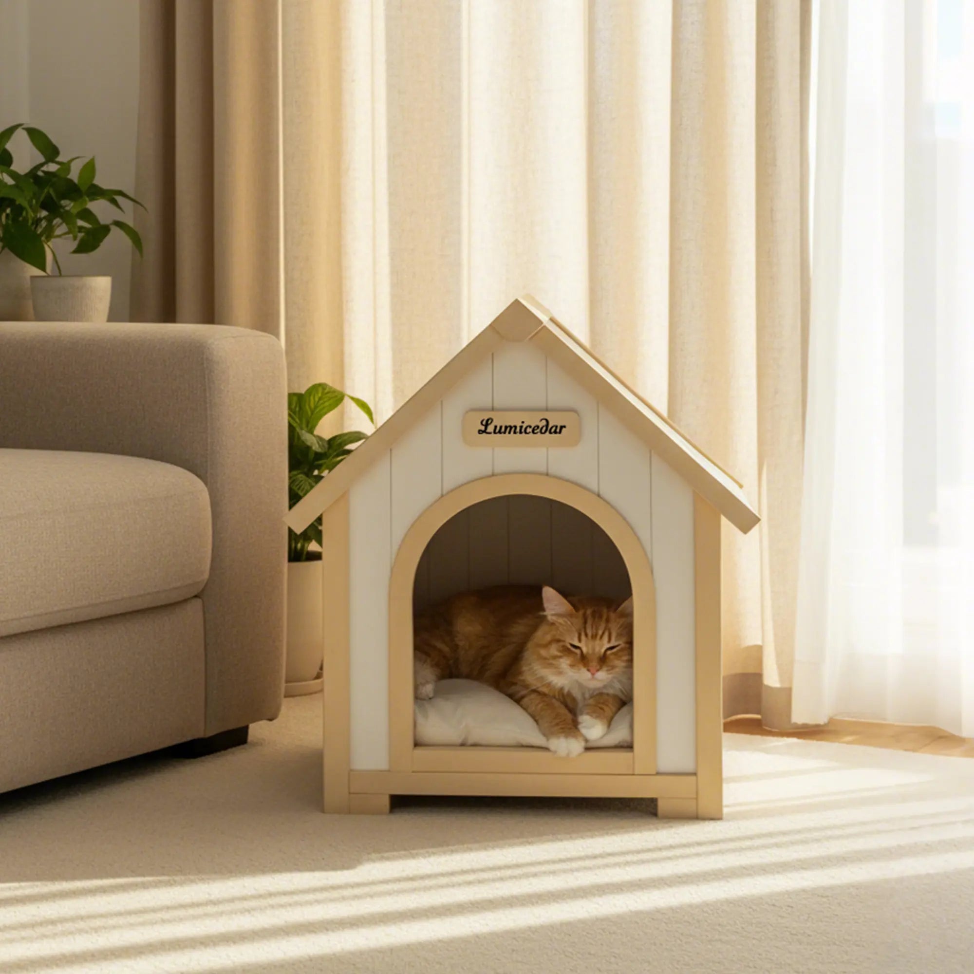 Cat resting inside a wooden indoor pet house by a sofa