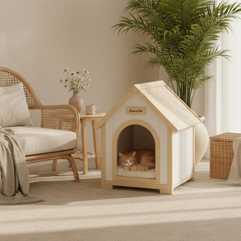 Wooden indoor pet house in a warm modern living room