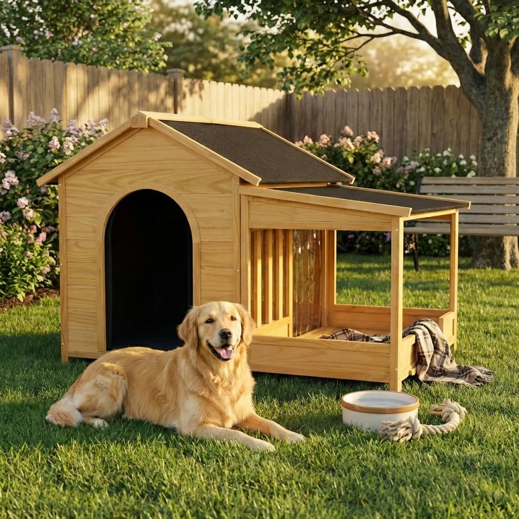 Large pine outdoor dog house with porch in a fenced yard