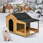Insulated outdoor dog house with porch in winter