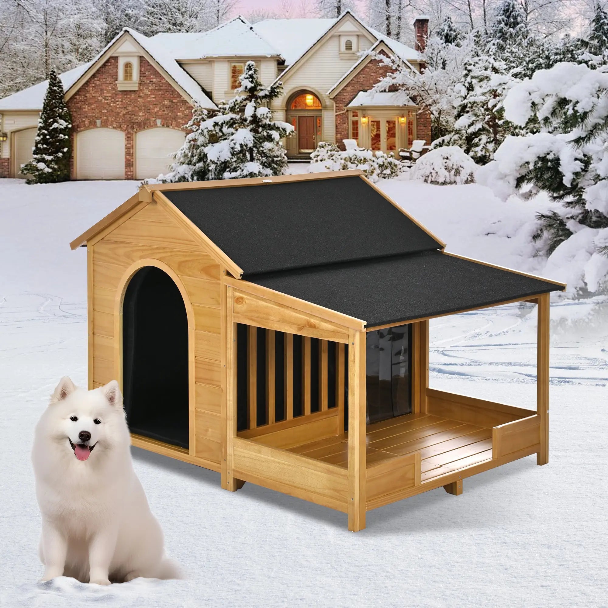 Insulated outdoor dog house with porch in winter