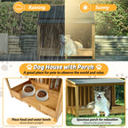 Outdoor dog house porch shown in rain and sun