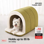 Green arched pet cave bed with plush-lined entrance