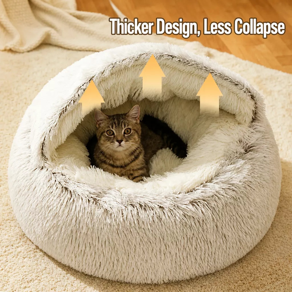 Hooded Round Plush Cat and Small Dog Bed — design and construction details