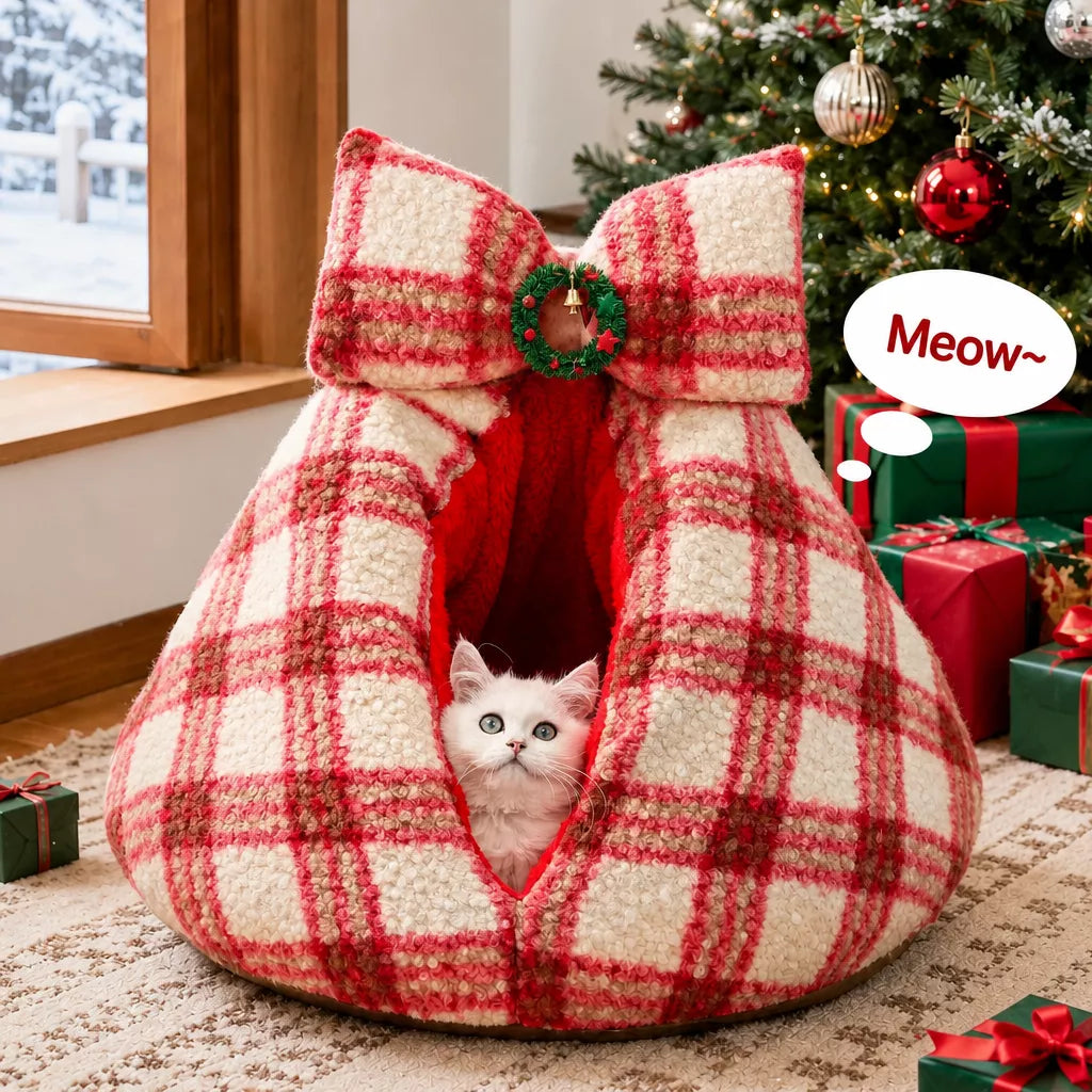 Red plaid cave bed with oversized bow and cat