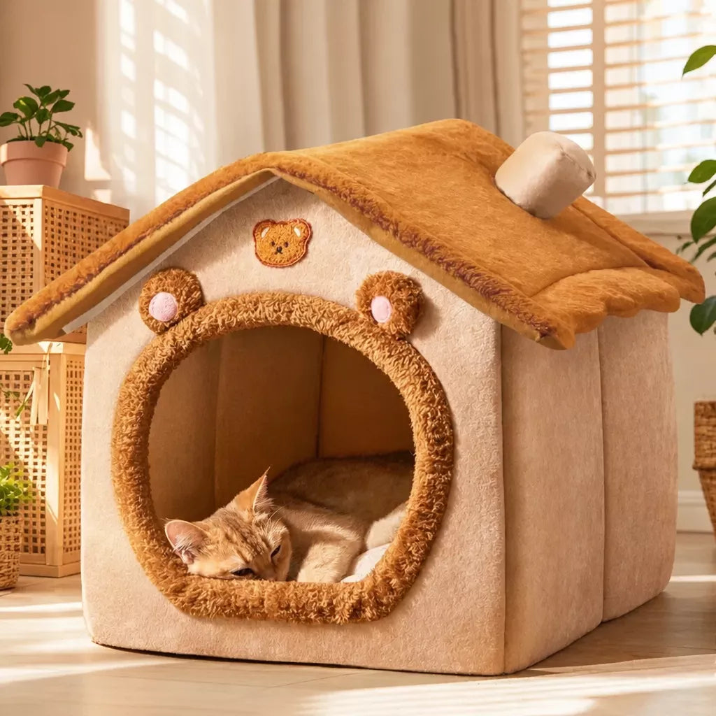 Bear-Ear Pet House with Removable Roof and Cushion shown in the product photo