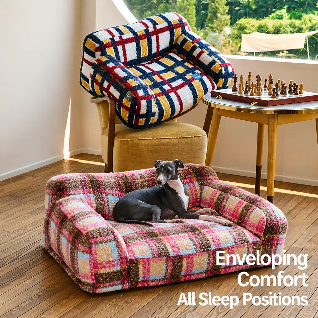Retro plaid pet sofa beds in living room