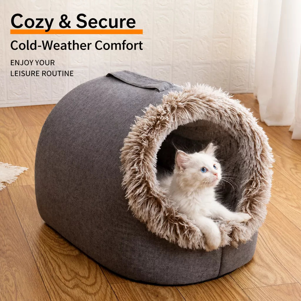 Enclosed Plush Pet Bed for Cats and Small Dogs