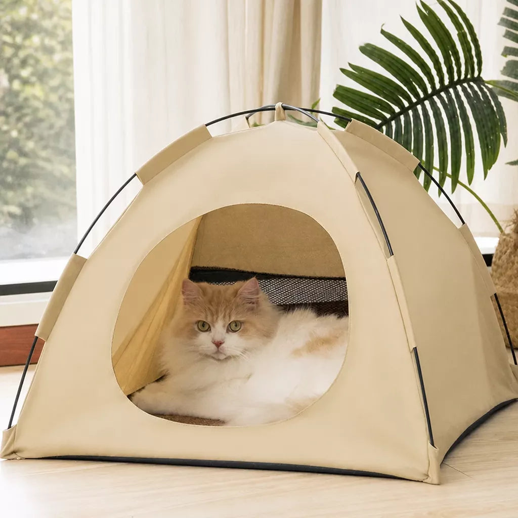 Beige Oxford fabric pet tent bed with a cat inside