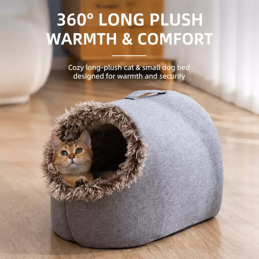 Long-Pile Plush Pet Cave Bed with Carry Handle for Cats and Small Dogs p-00385 Secondary image