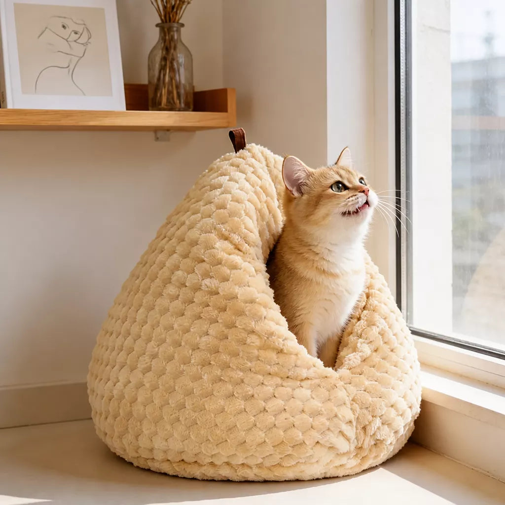 Textured Plush Cat Cave Bed with Top Loop shown in the product photo