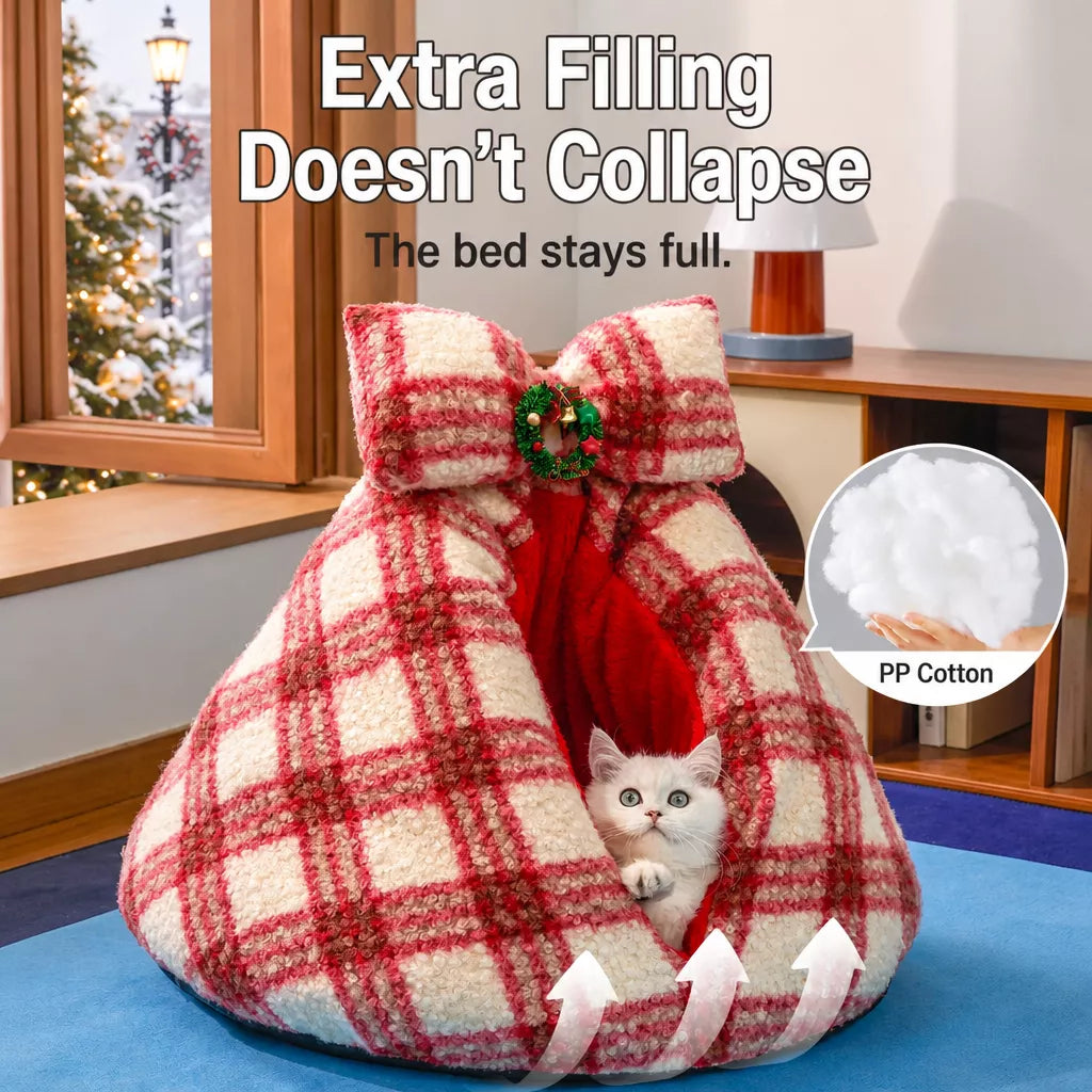 Red plaid pet cave bed filling illustration