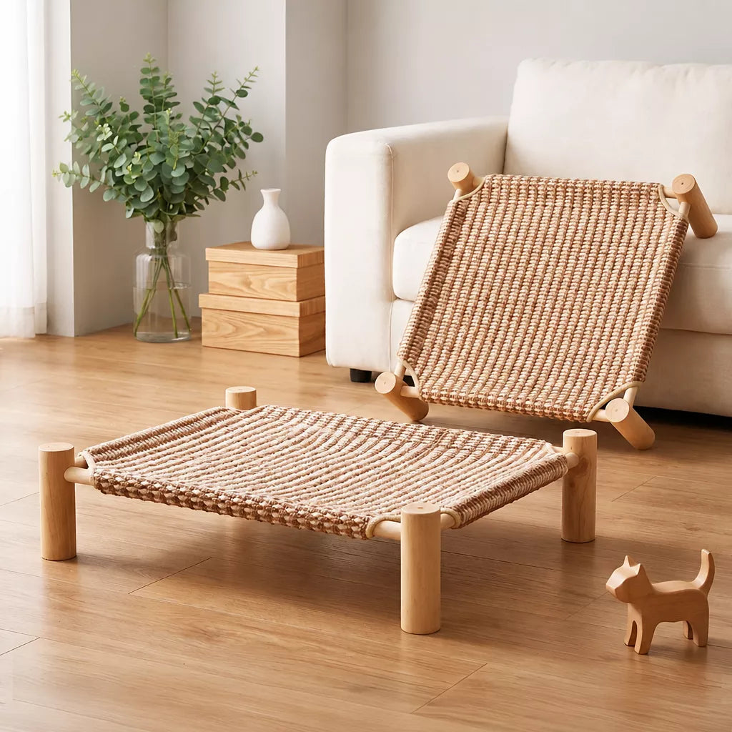 Rattan-Woven Cat Bed with Scratching Surface