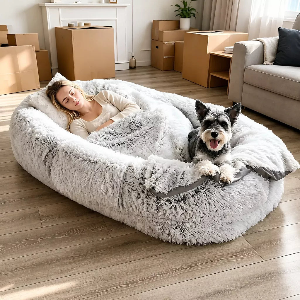 Giant Plush Bolster Dog Bed with Removable Washable Cover shown in the product photo