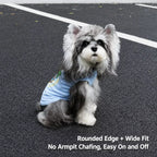 Small dog wearing the blue sleeveless summer-print tank