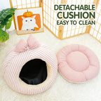 Pet cave bed with its removable cushion shown separately
